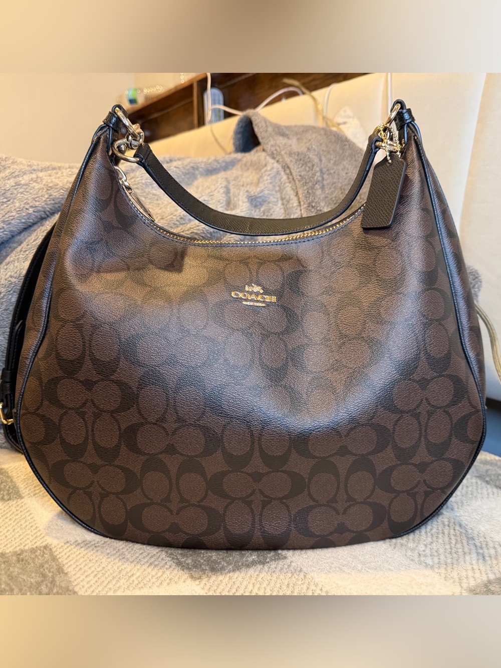 Coach Brown Signature Canvas Hobo with Gold Hardware